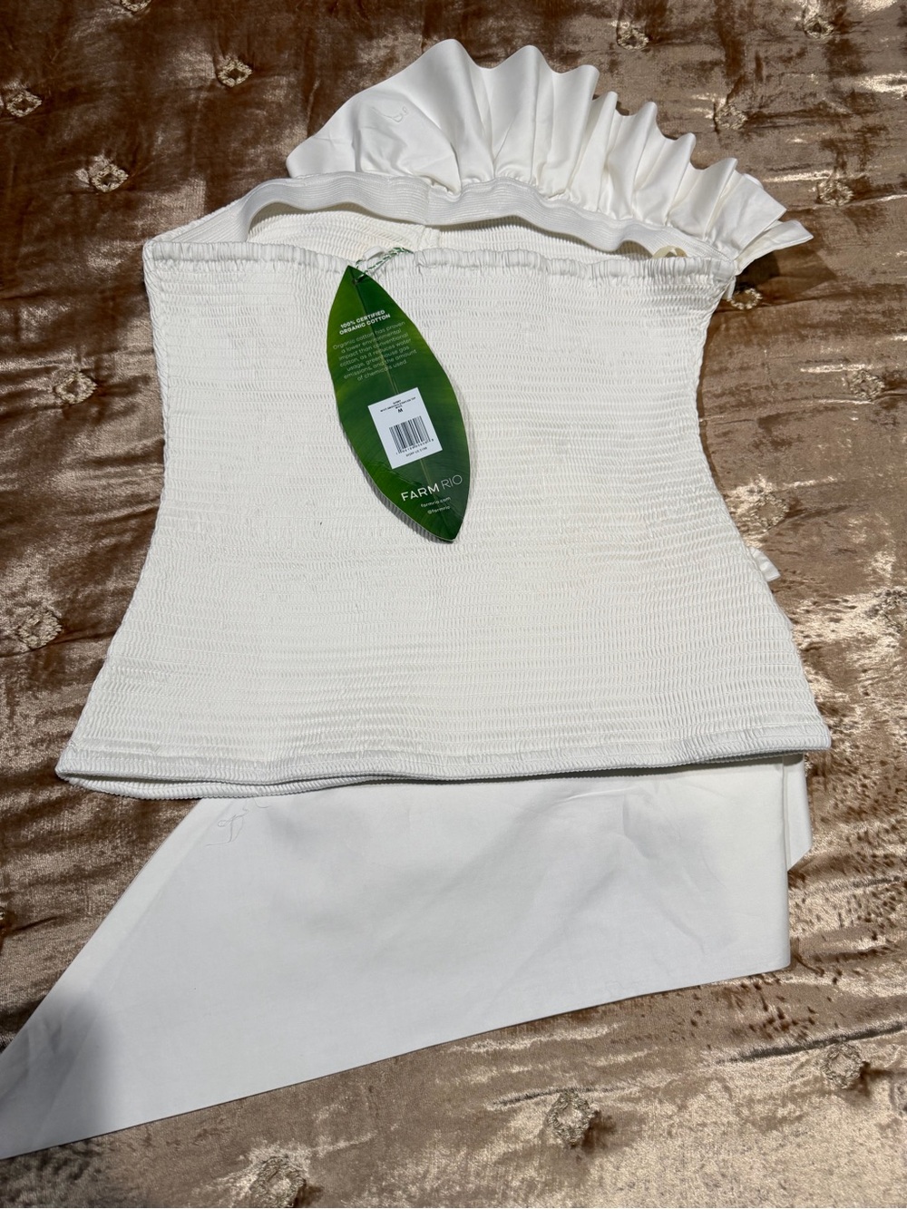 FARM Rio White Smocked Ruffled Strapless Top - Picture 7 of 8